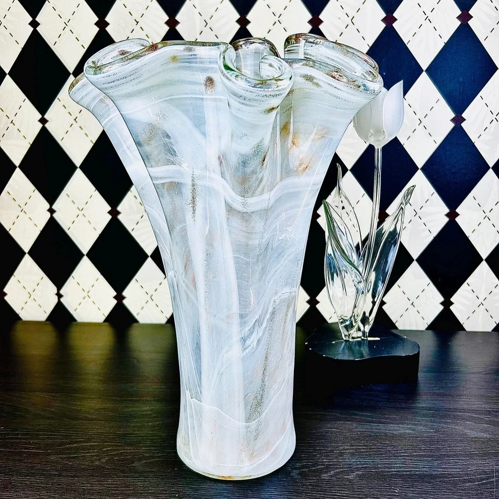 White Opaline Art Glass Vase 15" Ruffled Aventurine‎ Statement - Picture 17 of 17